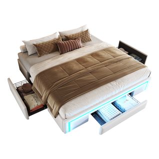 Lit Double 180x200 Cm, Avec Éclairage LED Réglable, 3 Tiroirs, Sans Tête De Lit, Pu Beige