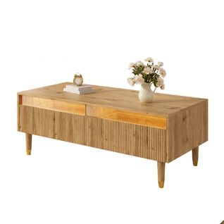 Table Basse LED Moderne 110x50x40cm, 2 Tiroirs, Pieds En Bois Massif Doré Et Bois, Couleur Bois