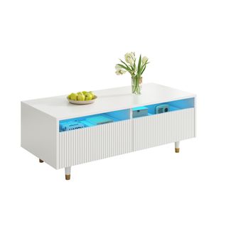 Table Basse LED Moderne 110x50x40cm, 2 Tiroirs, Pieds En Bois Massif Doré Et Blanc, Blanc