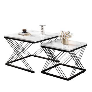 Lot De 2 Tables Basses 60x60x45 Cm+45x45x40 Cm, Table Gigogne, Motif De Marbre, Mdf, Blanc+noir