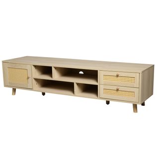 Meuble TV 160x39x40cm, 2 Tiroirs En Rotin, 1 Porte, Passe-câbles, Aggloméré, Couleur Bois