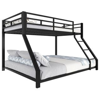 Lit Superposé 90x200 Cm+140x200 Cm Avec Barrière, Escalier, Sommiers, Métal Noir