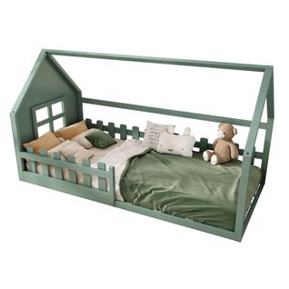 Lit Cabane Enfant 90x200 Cm, Lit Simple Avec Garde-corps, Sommier, Forme De Maison, Pin Vert