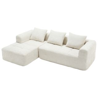 Canapé Trois Places En L 250x158x60 Cm Avec Trois Coussins, Poches Latérales, Chenille Beige