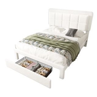 Lit Double 160 X 200cm Lit Avec Rangement, Interface USB, Sommier, Blanc, Tissu Teddy