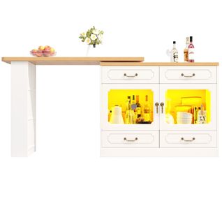 Table De Bar Blanche Pivotante 135-203cm Avec LED, 4 Tiroirs, Étagères, Rangement Ouvert Et 2 Portes