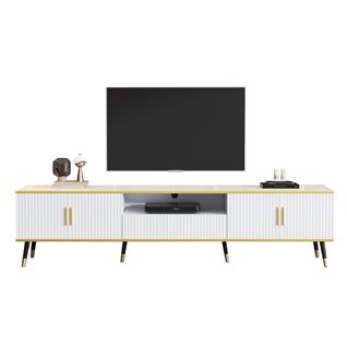 Meuble TV Blanc 200 Cm Avec 4 Portes, Tiroir, Étagères Et Gestion Des Câbles, Plateau Effet Marbre