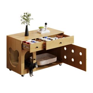 Buffet Bois Pour Chat, Meuble Cache-litière Mobile Sur Roulettes Avec 2 Tiroirs, Anti-sable Amovible
