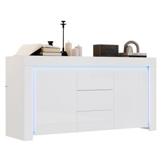 Buffet Blanc, Meuble De Rangement Avec LED, 2 Portes, 3 Tiroirs, Étagères Réglables