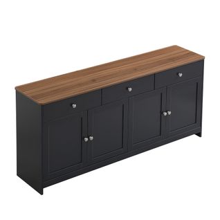 Îlot Central 160x37x76cm, 3 Tiroirs, 4 Portes, Motif Bois, Étagères Réglables, Mdf, Noir / Gris