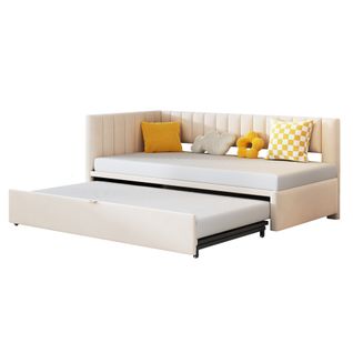 Lit Gigogne 90/180x200cm, Canapé Et Lit 2 En 1, Forme En L, Tête De Lit Doux, Velours, Mdf, Beige