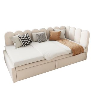 Lit Gigogne 90/180x200cm, Canapé-lit 2 En 1, Forme L, Tête De Lit Doux, Dossier, Velours, Mdf, Beige