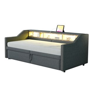 Lit Gigogne 90/180x200cm, LED, Prise USB, 3 Compartiments, Accoudoirs, Lin, Métal, Mdf, Gris Foncé
