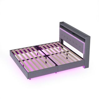 Lit Double 140x200 Cm, Tête De Lit Avec 1 Niche, Éclairage LED, Ports USB, Lin Gris