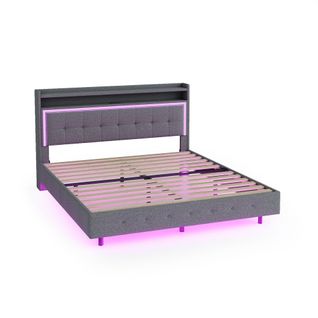 Lit Double 160x200 Cm, Tête De Lit Avec 1 Niche, Éclairage LED, Ports USB, Lin Gris