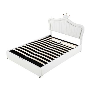 Lit Coffre Lit Double 140x200 Cm Avec Éclairage LED, Tête De Lit En Forme De Couronne, Pu Blanc