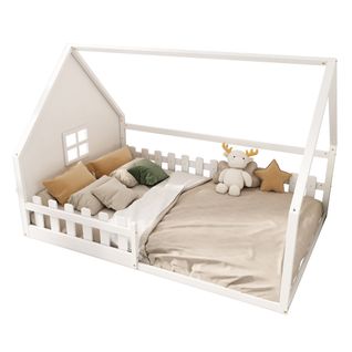 Lit Cabane Enfant 140x200 Cm, Lit Double Avec Garde-corps, Sommier, Forme De Maison, Pin Blanc