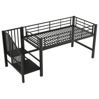 Lit Mezzanine 90x200 Cm Lit Simple, Lit Enfant Avec Escalier De Rangement, Métal, Noir