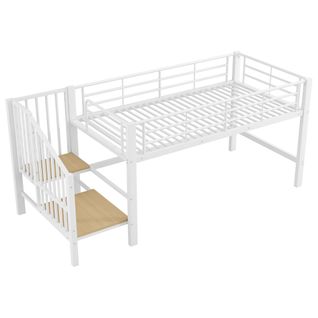 Lit Mezzanine 90x200 Cm Lit Simple, Lit Enfant Avec Escalier De Rangement, Métal, Blanc