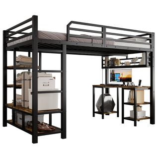 Lit Mezzanine 120x200 Cm En Métal Noir Avec Bureau Intégré, Étagères Et Échelle 4 Marches