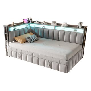 Lit Enfant 90x200cm Avec Lit Gigogne, LED, Ports USB+type-c, Canapé-lit Avec Rangement, Velours Gris