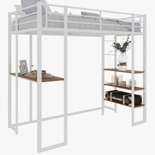 Lit Mezzanine 90x190 Cm Avec Bureau Intégré Et Étagères De Rangement, En Métal Blanc