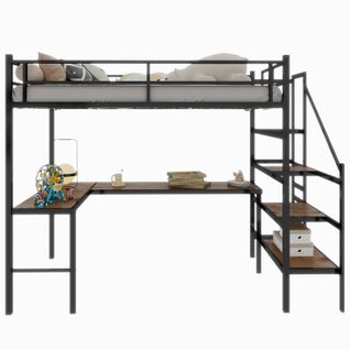 Lit Mezzanine 90x190 Cm Avec Bureau Et Rangements Intégrés, Escalier Sécurisé, Métal Noir
