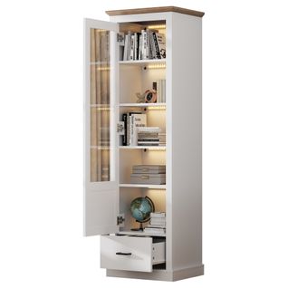 Vitrine LED Moderne 50x35x178 Cm Avec Port USB, Décor Bois, Tiroir, Aggloméré Et Acrylique, Blanc