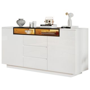 Buffet De Salon Avec 3 Tiroirs 140x40x68 Cm, 2 portes, LED, Panneaux De Particules, Blanc Et Noir