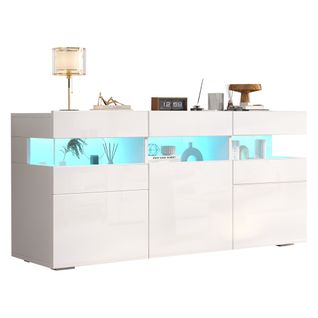 Buffet De Salon 140x40,5x66,5 Cm, LED, 6 Niches, Panneaux De Particules Et Acrylique, Blanc