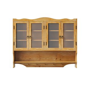 Armoire Murale 100x20x80cm, 4 Portes En Verre Cannelé, Naturel, 5 Crochets, Bois, Couleur Bois