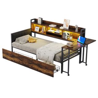 Lit Enfant 90x200 Cm Avec LED, Tiroir, Bureau Pliant Et Prise, Rangement Pratique