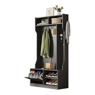 Vestiaire D’entrée Noir Avec Penderie, Banc, Panneau Perforé Et Grand Espace De Rangement