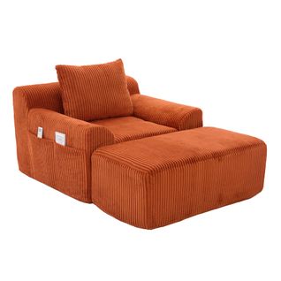 Fauteuil 147x110x67cm, Repose-pied, Base à Ressort, Poches Latérals, Velours Côtelé, Orange