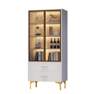 Vitrine 70x35x150cm, LED Multicolore, 3 Étagères, 2 Tiroirs, 2 Portes En Verre, Pb, Blanc Et Doré.