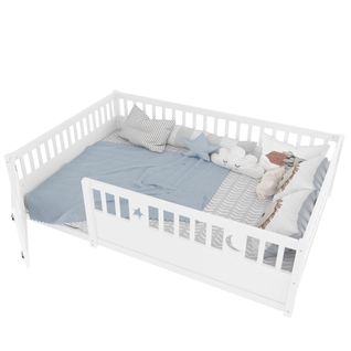 Lit Enfant 140 X 190 Cm, Lit Double Avec Garde-corps Et Sommier, Style Minimaliste, Pin, Blanc