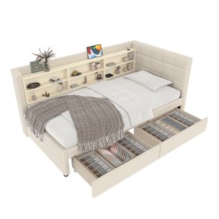 Lit Enfant 90x200 Cm, Canapé-lit Avec 2 Tiroirs, 6 Niches, USB Type-c, Sommier, Lin Beige