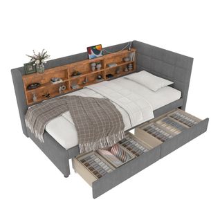 Lit Enfant 90x200 Cm, Canapé-lit Avec 2 Tiroirs, 6 Niches, USB Type-c, Sommier, Lin Gris