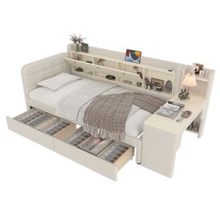 Lit Enfant 90x200 Cm, Canapé-lit Avec 2 Tiroirs, Étagères, Bureau, USB Type-c, Sommier, Lin Beige