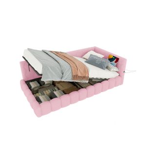 Lit Coffre Enfant 90x200 Cm, Canapé-lit Avec LED, USB Type-c, Sommier, Imitation Polaire Rose