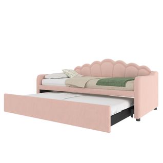 Lit Gigogne Enfant 90x200 Cm, Canapé-lit, Lit Double Avec LED Et Sommiers, Velours Rose