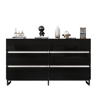 Commode 140x39,5x78,5 Cm, 6 Tiroirs, 3 Pieds Métal, Aggloméré, Design Simple, Couleur Noir+blanc