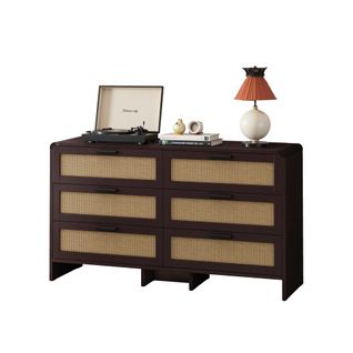 Commode 130x40x74 Cm Avec 6 Tiroirs, Design Décoratif En Rotin, Aggloméré, Couleur Bois+marron