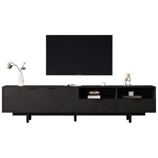 Meuble TV 200x40x51cm, Bas à Poser Avec 2 Tiroirs, 2 Rangements Ouverts, 2 Portes, Aggloméré, Noir