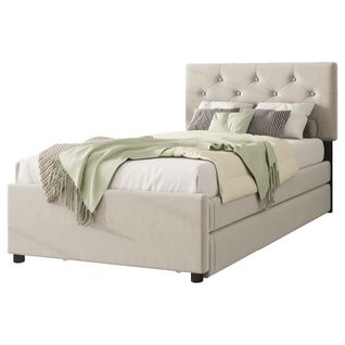 Lit Gigogne Enfant 90x200 Cm+90x190 Cm, Lit Double Avec Tête De Lit Et Sommiers, Velours, Beige