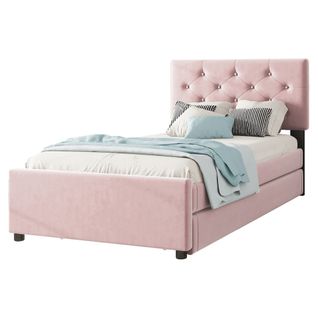 Lit Gigogne Enfant 90x200 Cm+90x190 Cm, Lit Double Avec Tête De Lit Et Sommiers, Velours, Rose