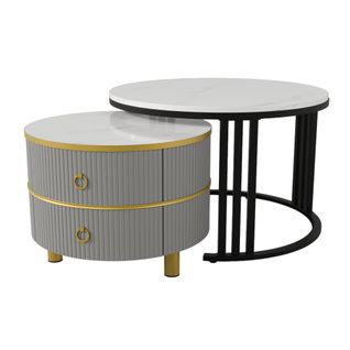 Lot De 2 Table Basse, Table Ronde, 2 Tiroirs, Plastique, Motif  Marbre, Mdf, Gris+blanc+noir