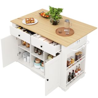 Ilot Central 151,5x84,7x91,7cm, 2 Portes, 2 Tiroirs, Prises De Courant Intégrées, Mdf+métal,blanc