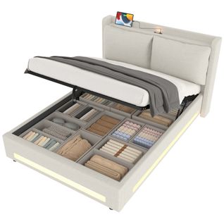 Lit Coffre 140x200 Cm Avec LED, USB, Coussins Amovibles Et Étagères Ouvertes, Lin Beige