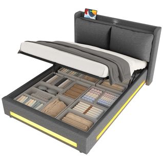 Lit Coffre 160x200 Cm Avec LED, USB, Coussins Amovibles Et Étagères Ouvertes, Lin Gris